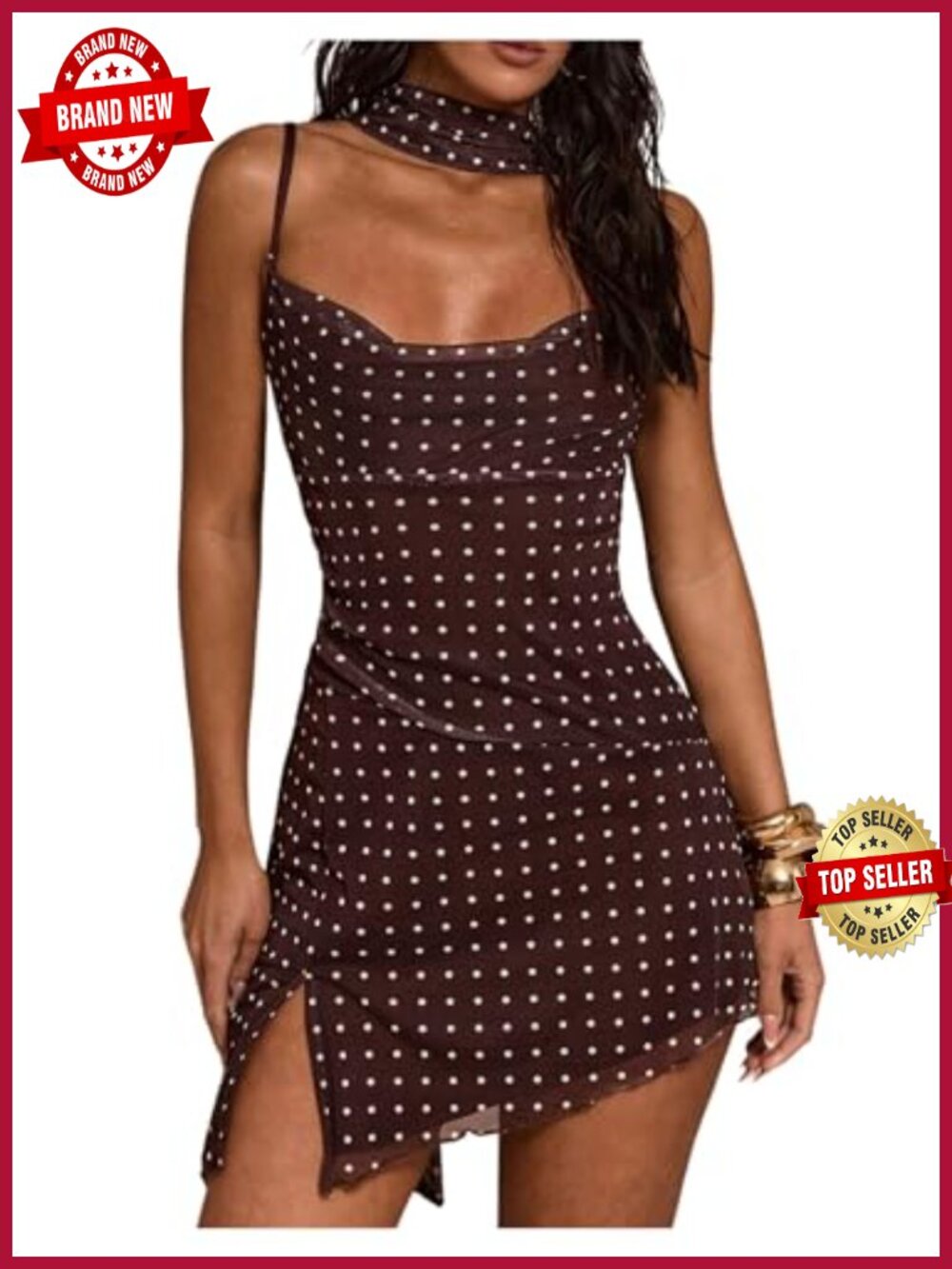 Women's Polka Dots Cowl Neck Split Hem Bodycon Mini Dress Y2K Spaghetti Strap